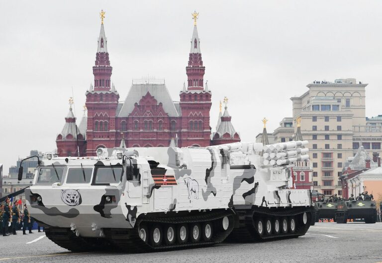 A Pantsir-SA air defense system Arctic edition rides through Red Square during the Victory Day military parade in Moscow on May 9, 2017.