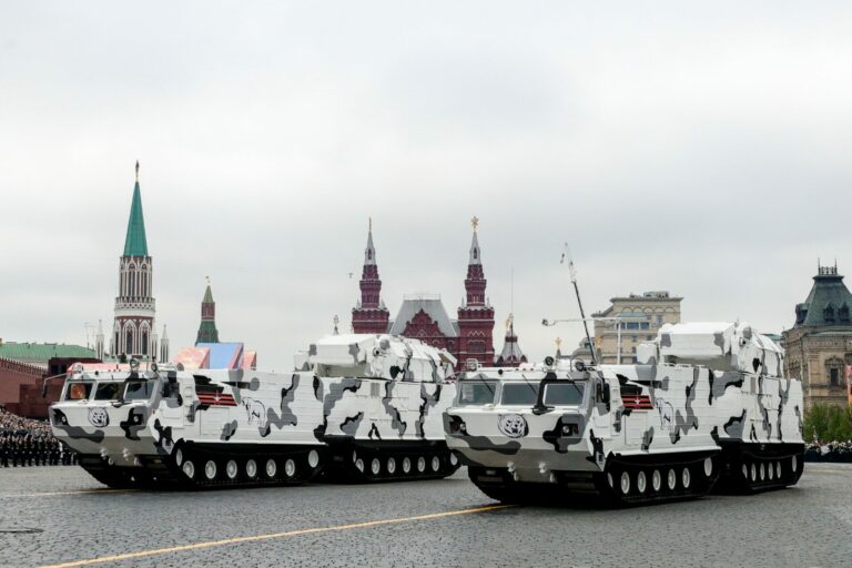 The final rehearsal of the military parade dedicated to the 73rd anniversary of the Victory in the Second World War was held on Red Square. Arctic complex of air defense "Tor-M2DT" on hte basis of ATV-30. May 07, 2018. Russia, Moscow.