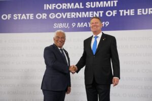 Romania s President Klaus Iohannis (R) greets Portugal s Prime Minister Antonio Costa (L) arriving for a EU summit in Sibiu, central Romania on May 9, 2019. Five priorities from the Portuguese perspective could strengthen the future of Europe.