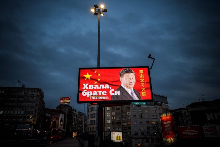 A billboard with Chinese President Xi Jinping looking down over a boulevard in Belgrade next to the words “Thank you brother Xi”, a message paid for and created by a pro-government tabloid in Serbia.